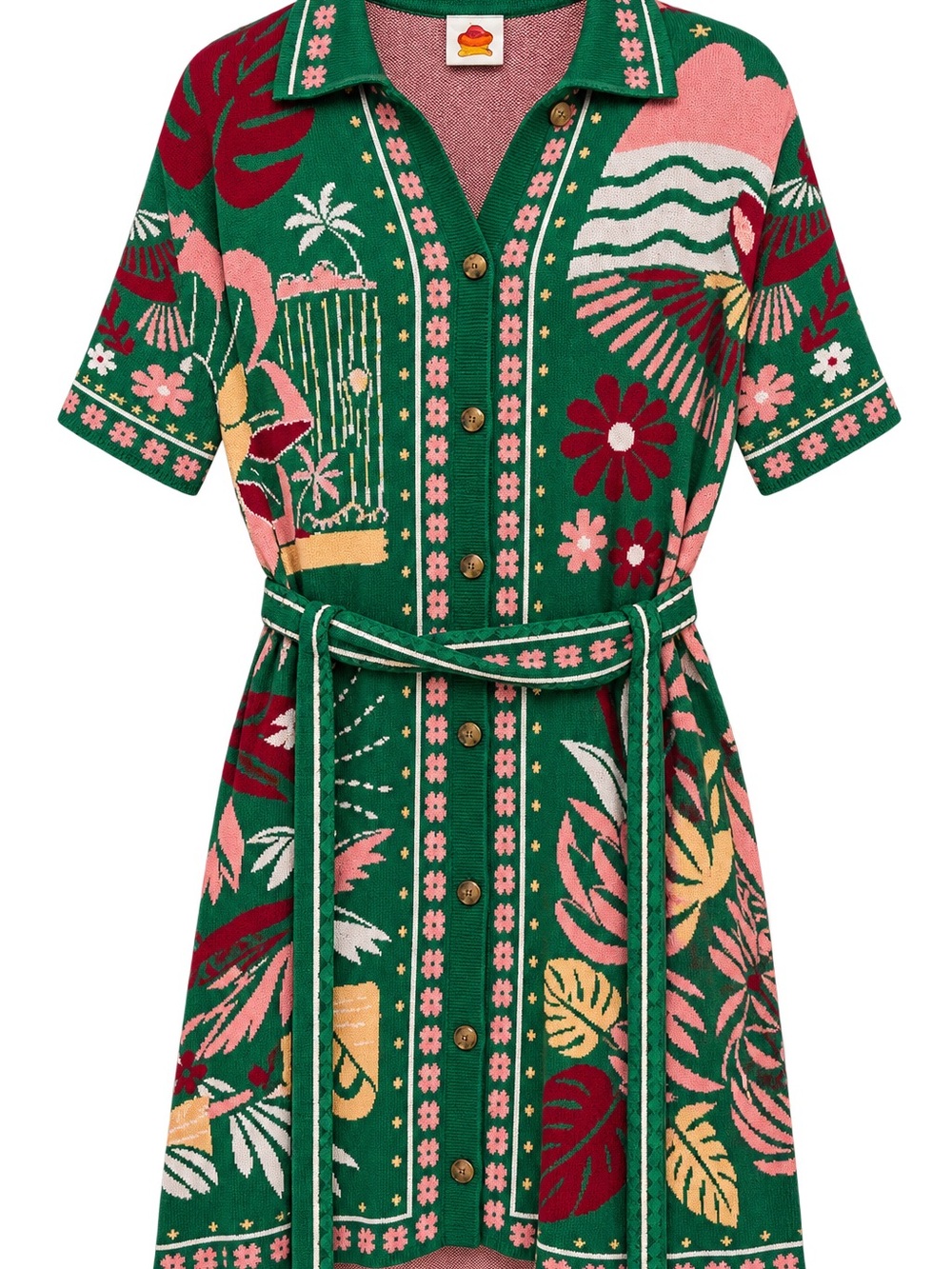 FARM Rio Green Floral Knit Button-Front Mini Dress with Pink & Yellow Accents